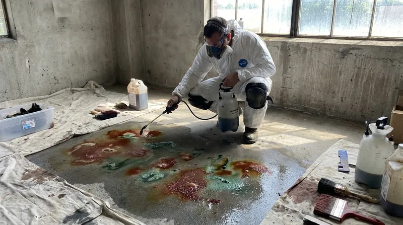 Professional concrete staining in progress