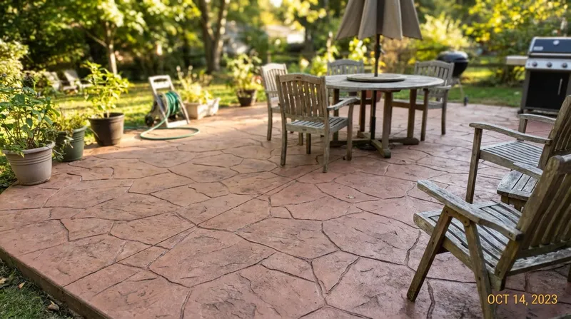 Beautiful stamped concrete patio with natural stone pattern in Kenosha